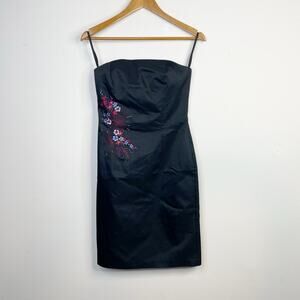 Express Y2K Strapless Embroidered Sheath Dress Black Floral Satin Stretch 3 4